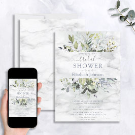 Invitación Duste Blue Greenery Marble Bridal Shower