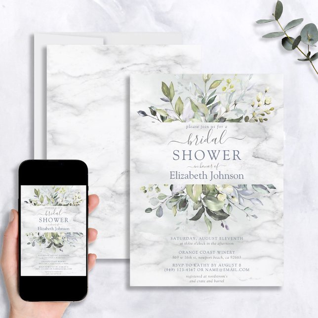 Invitación Duste Blue Greenery Marble Bridal Shower (Subido por el creador)