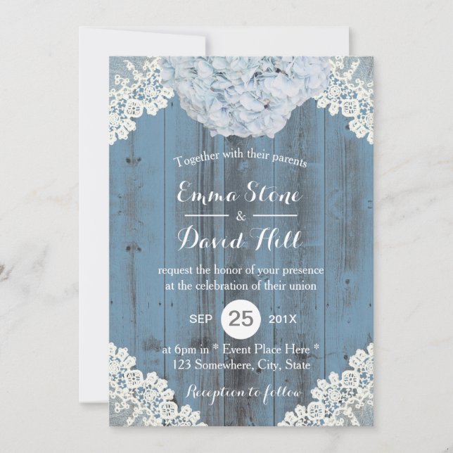 Invitación Duste Blue Hydrangea Floral Lace Barn Wood Boda (Anverso)