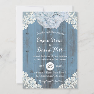 Invitación Duste Blue Hydrangea Floral Lace Barn Wood Boda