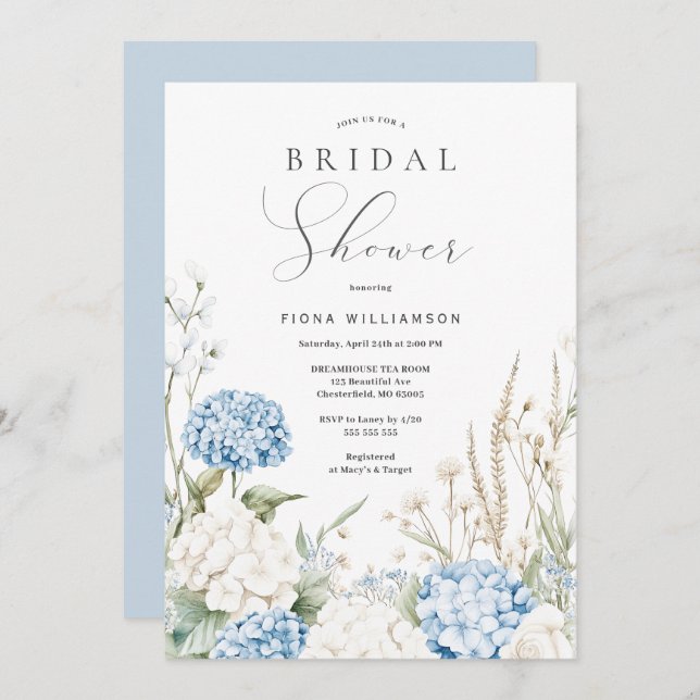 Invitación Duste Blue Hydrangeas Floral Bridal Shower (Anverso / Reverso)
