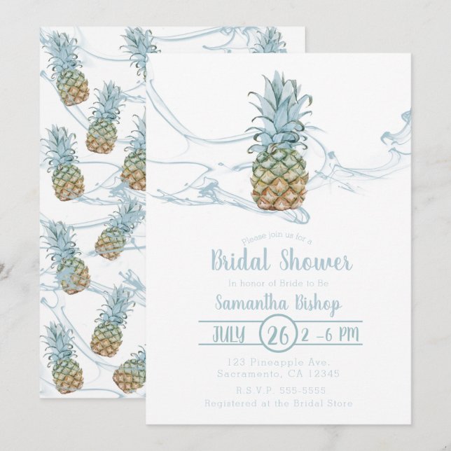 Invitación Duste Blue Juicy Pineapple Summer Bridal (Anverso / Reverso)