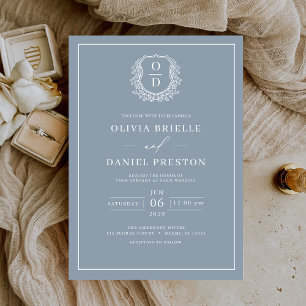 Invitación Duste Blue Leafy Escudo Monograma Elegante Boda