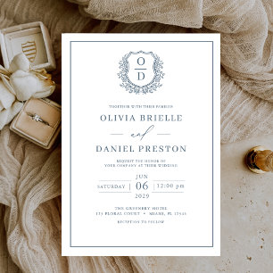 Invitación Duste Blue Leafy Escudo Monograma Elegante Boda