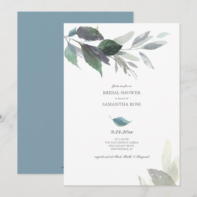 Invitación Duste Blue Leaves acuáticas Bridal Shower (Anverso / Reverso)