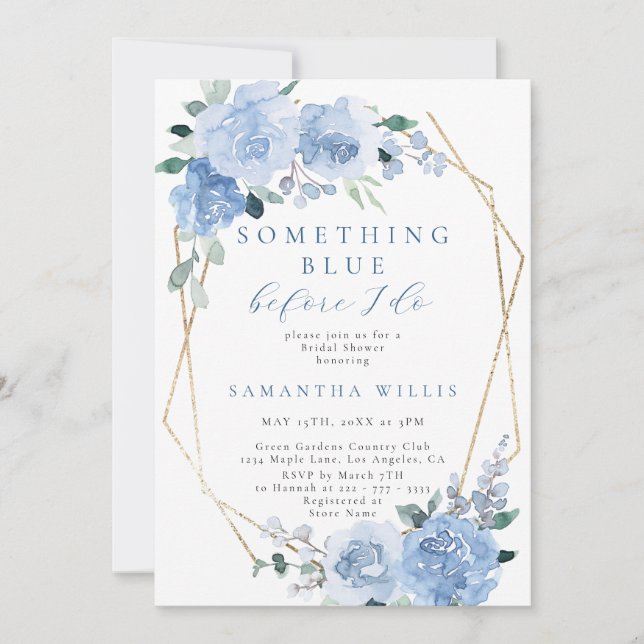 Invitación Duste Blue Light Floral Gold Bridal Shower (Anverso)