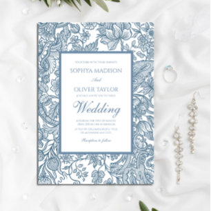 Invitación Duste Blue Line Art Wildflowers Floral