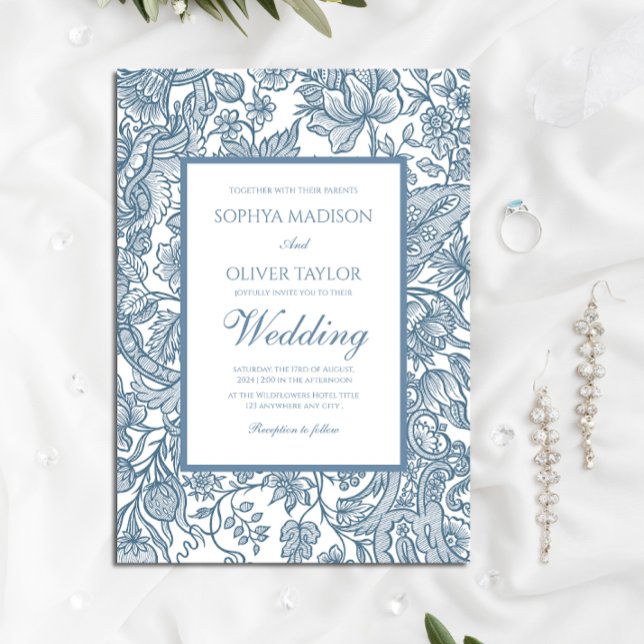 Invitación Duste Blue Line Art Wildflowers Floral (Subido por el creador)