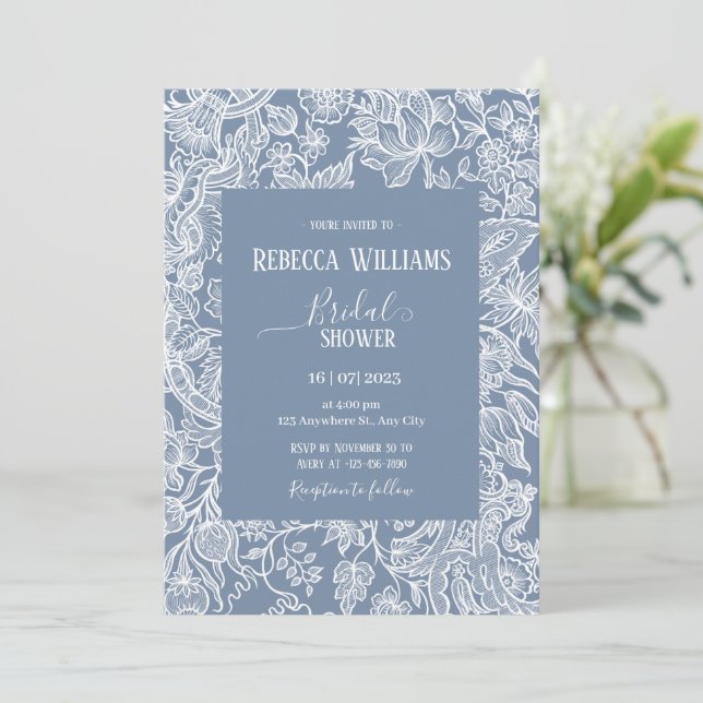 Invitación Duste Blue Line Art Wildflowers Floral Bridal (Anverso de pie)