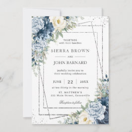Invitación Duste Blue Marfil Crema Floral Plata Geométrica