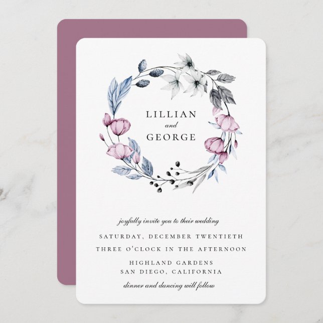Invitación Duste Blue Mauve Floral Wreath Boda (Anverso / Reverso)