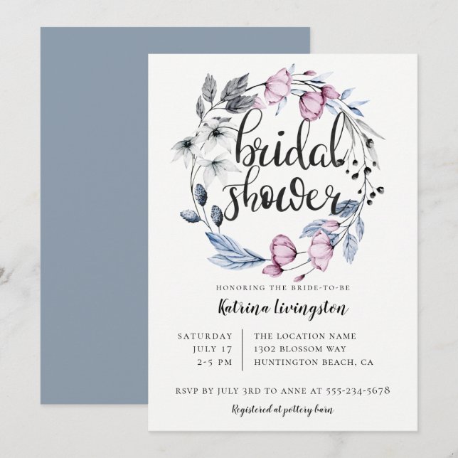 Invitación Duste Blue Mauve Floral Wreath Bridal Shower (Anverso / Reverso)