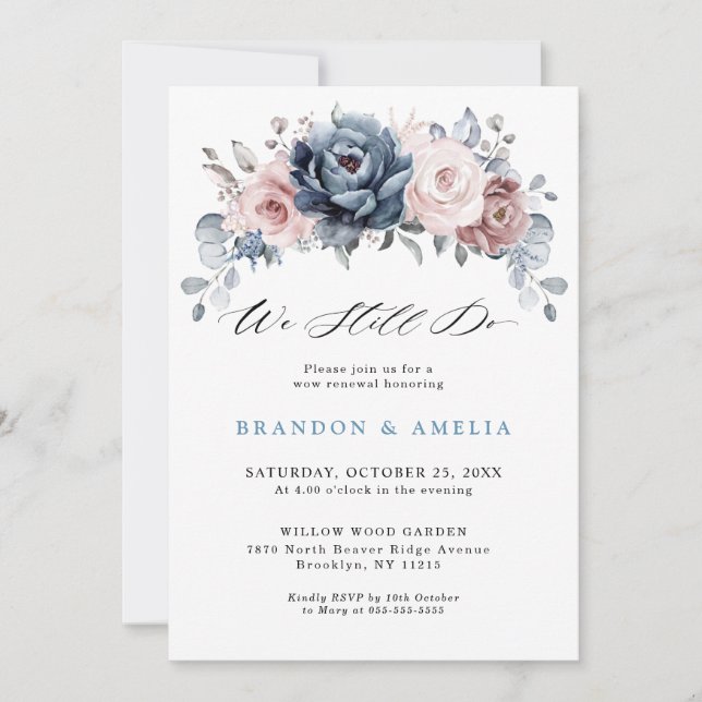 Invitación Duste Blue Mauve Rosa Pink Slate Flora Todavía lo  (Anverso)