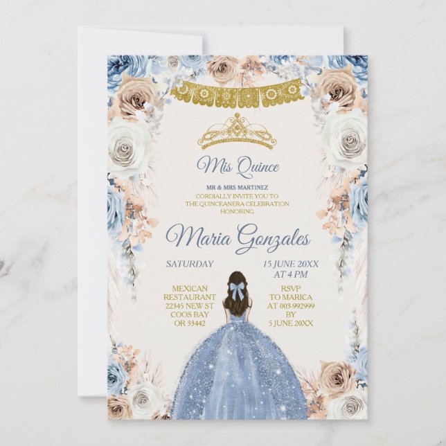 Invitación Duste Blue Mexcian Chica Floral Sweet 16º cumpleañ (Anverso)