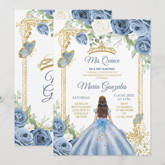 Invitación Duste Blue Mexcian Chica Floral Sweet 16º cumpleañ (Anverso / Reverso)