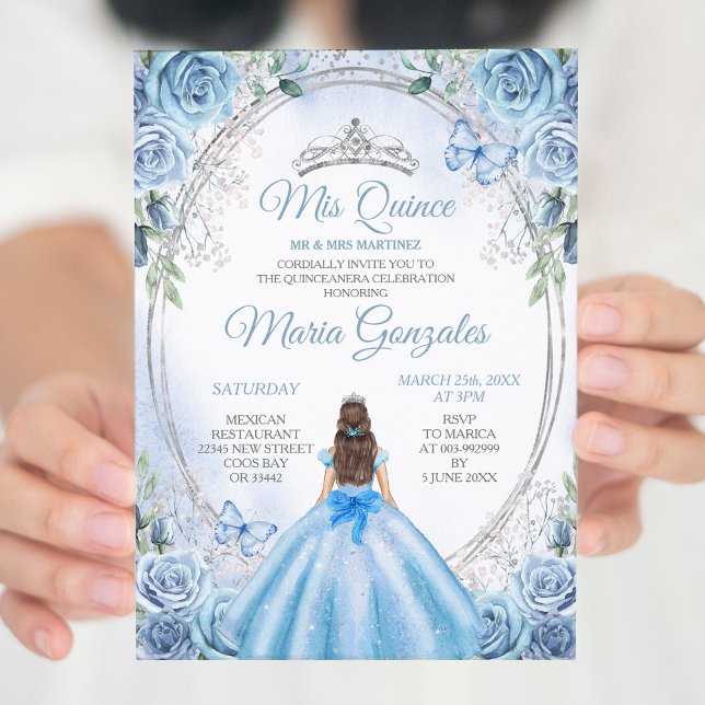 Invitación Duste Blue Mis Quince Silver Floral Quinceañera (Subido por el creador)