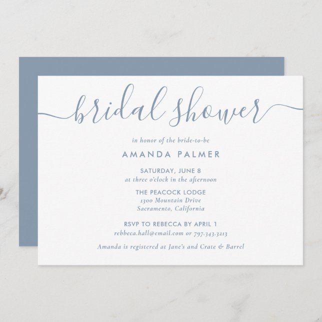 Invitación Duste Blue Modern Script Bridal Shower (Anverso / Reverso)