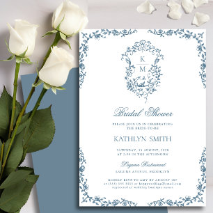 Invitación Duste Blue Monogram Floral Vintage Bridal Shower