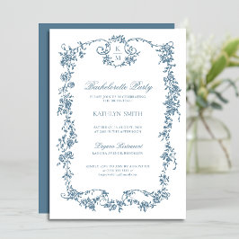 Invitación Duste Blue Monogram Vintage Bachelorette Party