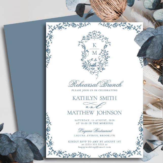 Invitación Duste Blue Monogram Vintage Brunch (Subido por el creador)