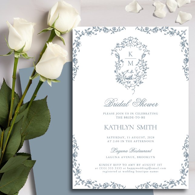 Invitación Duste Blue Monogram Vintage Escudo Bridal Shower (Subido por el creador)