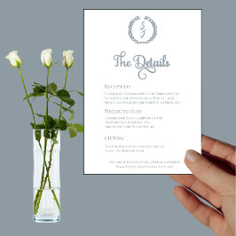 Invitación Duste Blue Monogram Wreath White Details Card