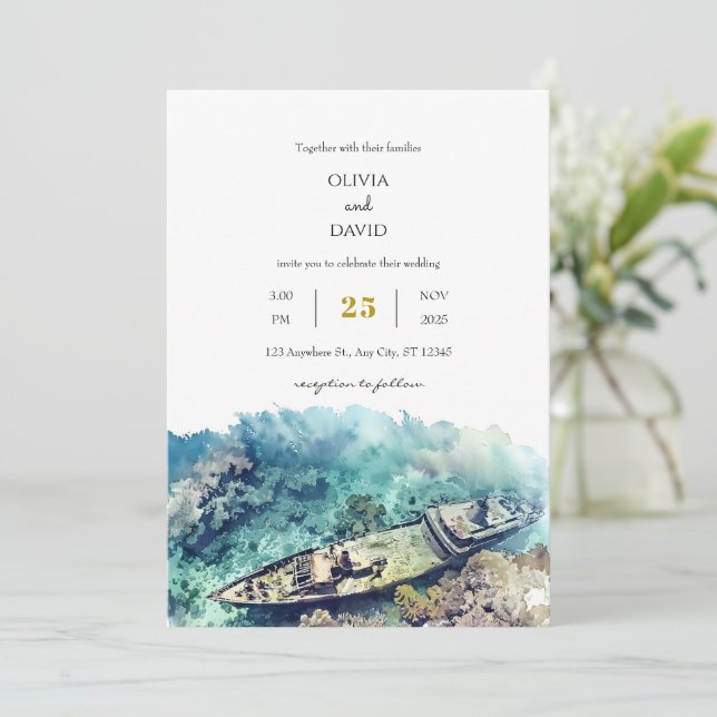 Invitación Duste Blue Nautical Shipwreck Coral Beach Wedding (Anverso de pie)