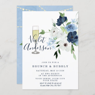 Invitación Duste Blue Navy Luces Florales Brunch & Bubbly