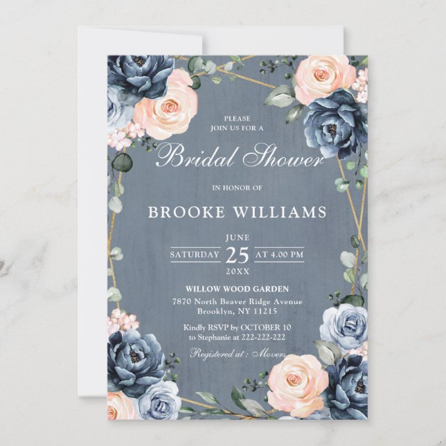 Invitación Duste Blue Peach Rubor Geometric Bridal Shower (Anverso)