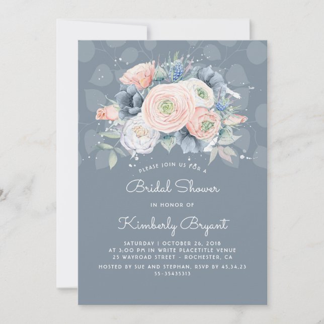 Invitación Duste Blue Peach y ducha de novia floral rosa (Anverso)