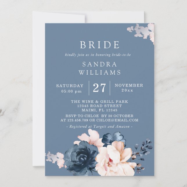 Invitación  Duste Blue Pink Floral Bridal Shower Flayer (Anverso)
