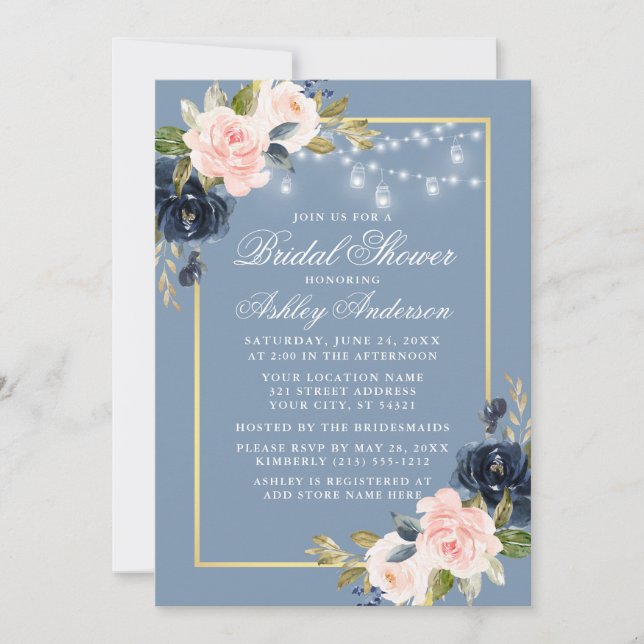Invitación Duste Blue Pink Floral Jar Luces Brillantes Shower (Anverso)