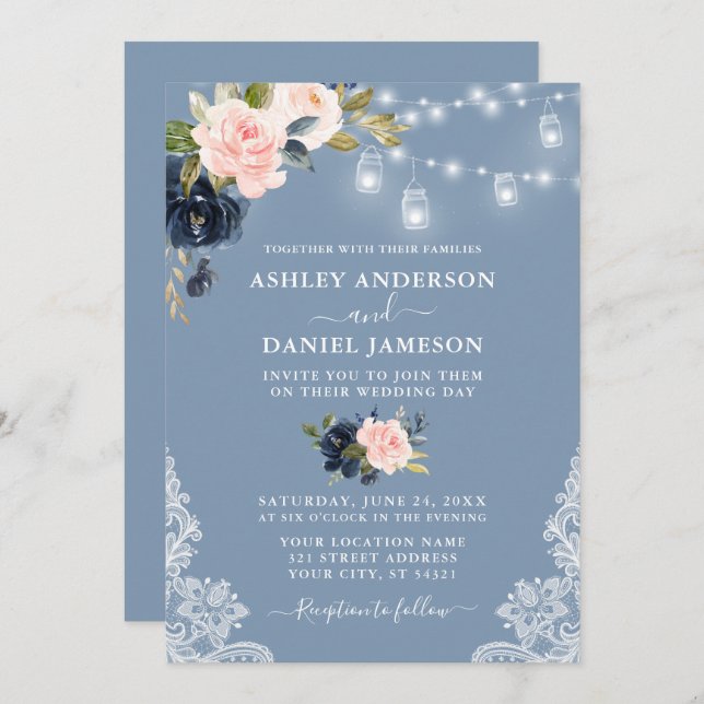 Invitación Duste Blue Pink Floral Jar Luces Lace Boda (Anverso / Reverso)