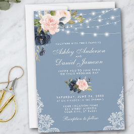 Invitación Duste Blue Pink Floral String Luces Lace Boda