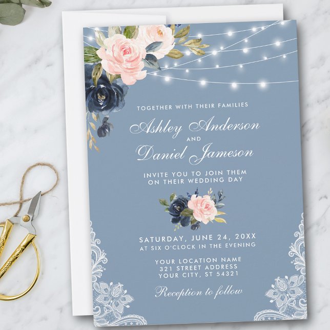 Invitación Duste Blue Pink Floral String Luces Lace Boda (Customize to add more text or photos to back of card.)