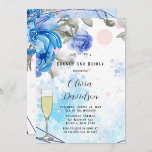 Invitación Duste Blue Purple Peony Flora Brunch y Bubbly