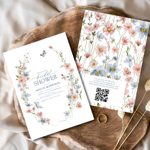 Invitación Duste Blue QR Code Wildflower Garden Bridal Shower