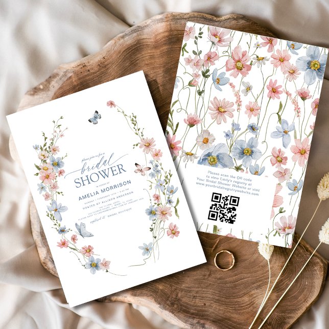Invitación Duste Blue QR Code Wildflower Garden Bridal Shower (Subido por el creador)