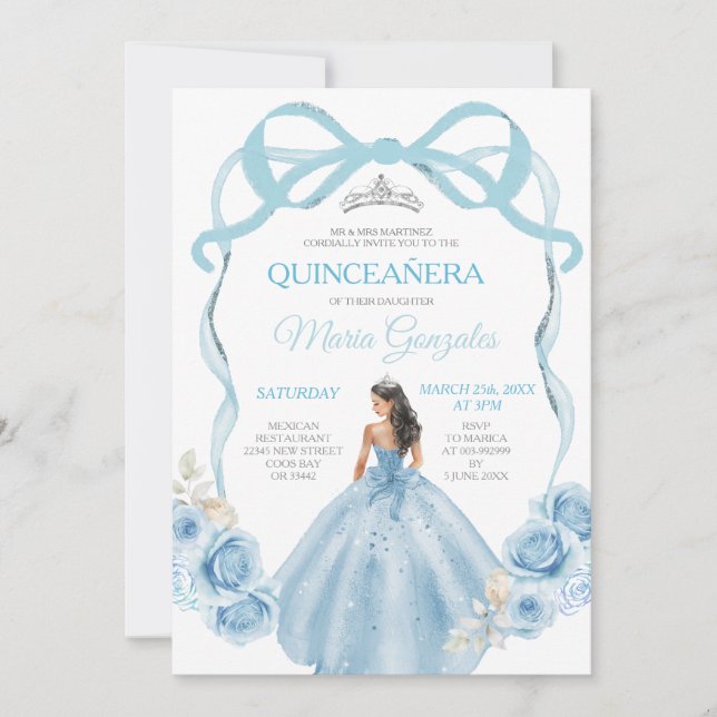 Invitación Duste Blue Ribbon Bow Princess Mis Quince (Anverso)