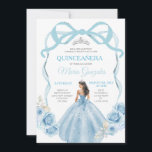 Invitación Duste Blue Ribbon Bow Princess Mis Quince<br><div class="desc">Princesa Azul Dusty Vestida Quinceañera 15º Chica Cumpleaños Pastel fondo azul Invitación Mis Quince Anos,  15º cumpleaños</div>