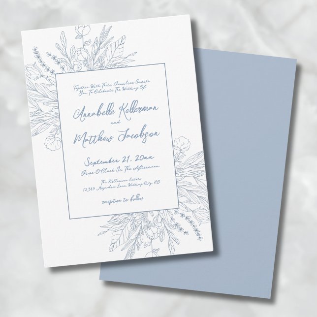 Invitación Duste Blue Romantic Botanical Elegant Wedding (Dusty Blue Romantic Botanical Elegant Wedding Invitation)