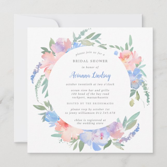 Invitación Duste Blue Rubor Pink Floral Bridal Shower Square (Anverso)