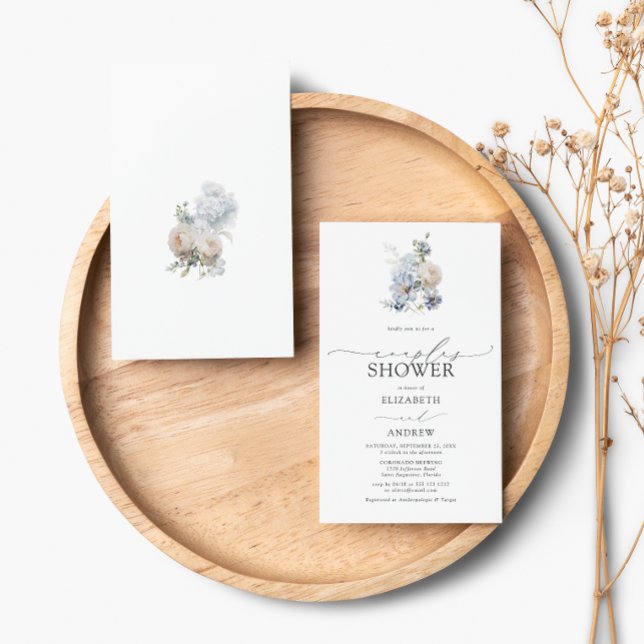 Invitación Duste Blue Rubor Pink Floral Photo Couples Shower (Subido por el creador)