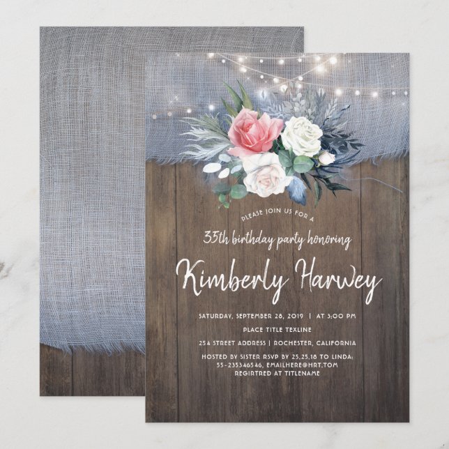 Invitación Duste Blue Rustic Country Floral Cumpleaños (Anverso / Reverso)