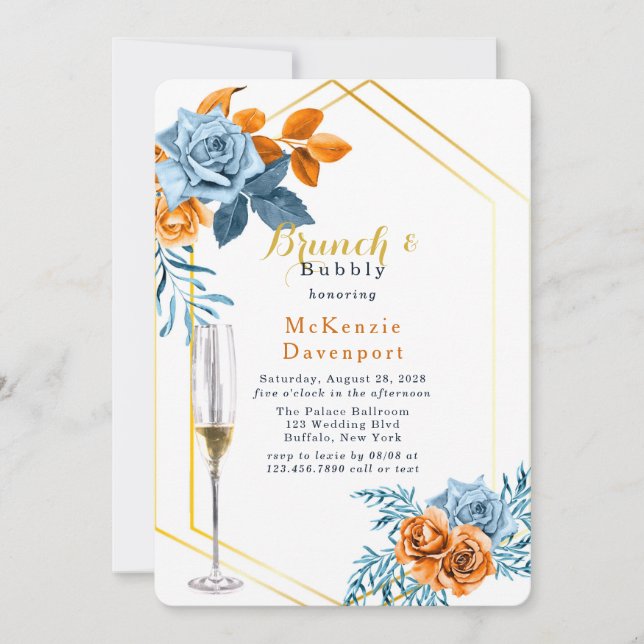 Invitación Duste Blue & Rusty Peony Floral Brunch y Bubbly (Anverso)