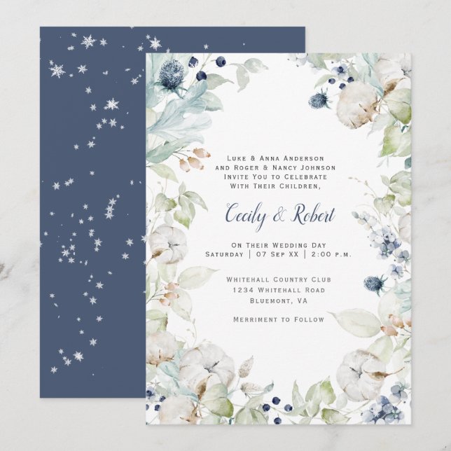 Invitación Duste Blue Sage Green Flakes Boda (Anverso / Reverso)