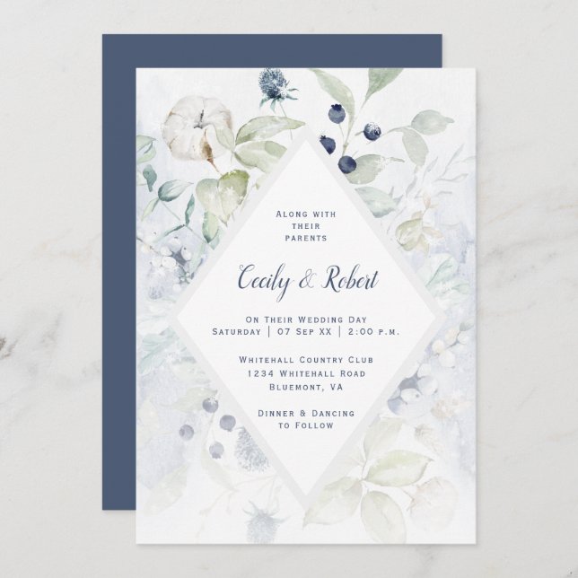 Invitación Duste Blue Sage Green Floral Diamond Frame Boda (Anverso / Reverso)