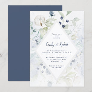 Invitación Duste Blue Sage Green Floral Diamond Frame Boda