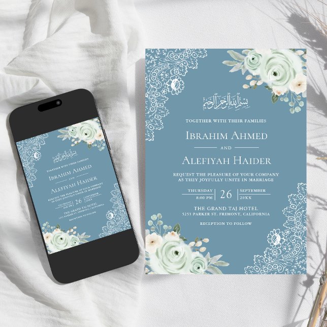Invitación Duste Blue Sage Green Floral Lace Boda Musulmana (Subido por el creador)