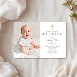 Invitación Duste Blue Script Cross Boy Photo Baptism